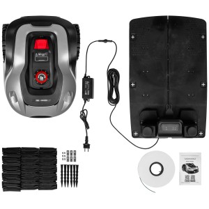 Texas Mähroboter RMX2000 mit Ladestation, Begrenzungskabel, Heringen und Zubehör.