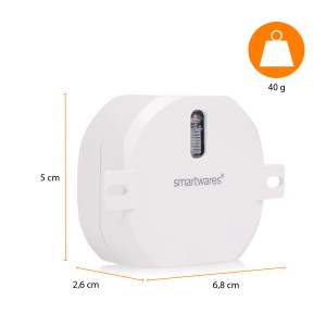 Weißer Smartwares Einbauschalter SHW-90301 für Hausfunksteuerung, Detailaufnahme mit Maßangaben.