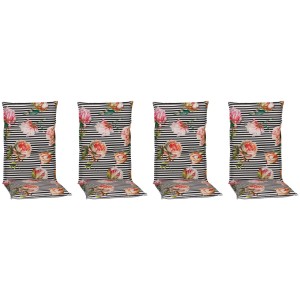4er Set Beo Sitzauflagen Toronto für Hochlehner, schwarz-weiß gestreift mit Blumenmuster.