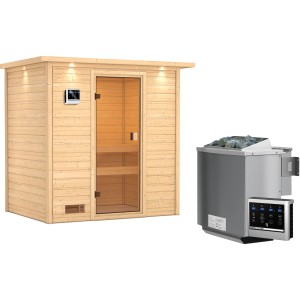 Woodfeeling Sauna Selena mit Bio-Ofen und LED-Dachkranz. Massivholzsauna mit Glastür und Ofen.