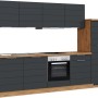 Moderne Küchenzeile in Grau-Wotaneiche Optik mit E-Geräten, 300 cm breit.