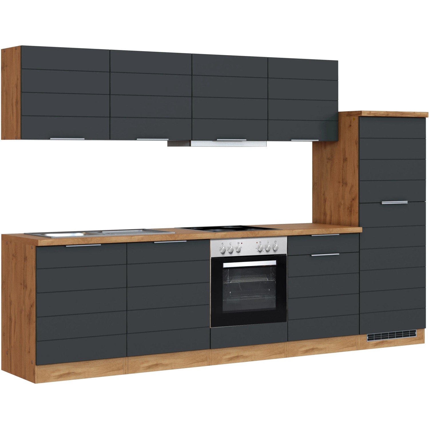 Moderne Küchenzeile in Grau-Wotaneiche Optik mit E-Geräten, 300 cm breit.