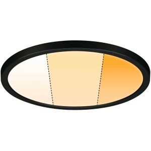 Schwarzes, rundes Paulmann LED-Einbaupanel Areo VariFit DimtoWarm, 23 cm, mit verschiedenen Farbtemperaturen.