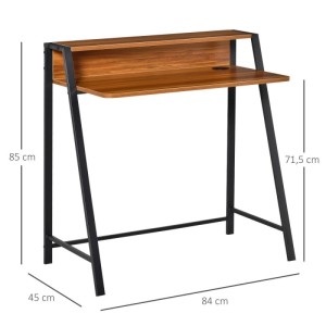 HOMCOM Schreibtisch Walnuss-Schwarz mit schwarzem Metallgestell, Ablagefach und Kabeldurchlass, 84x45x85 cm.
