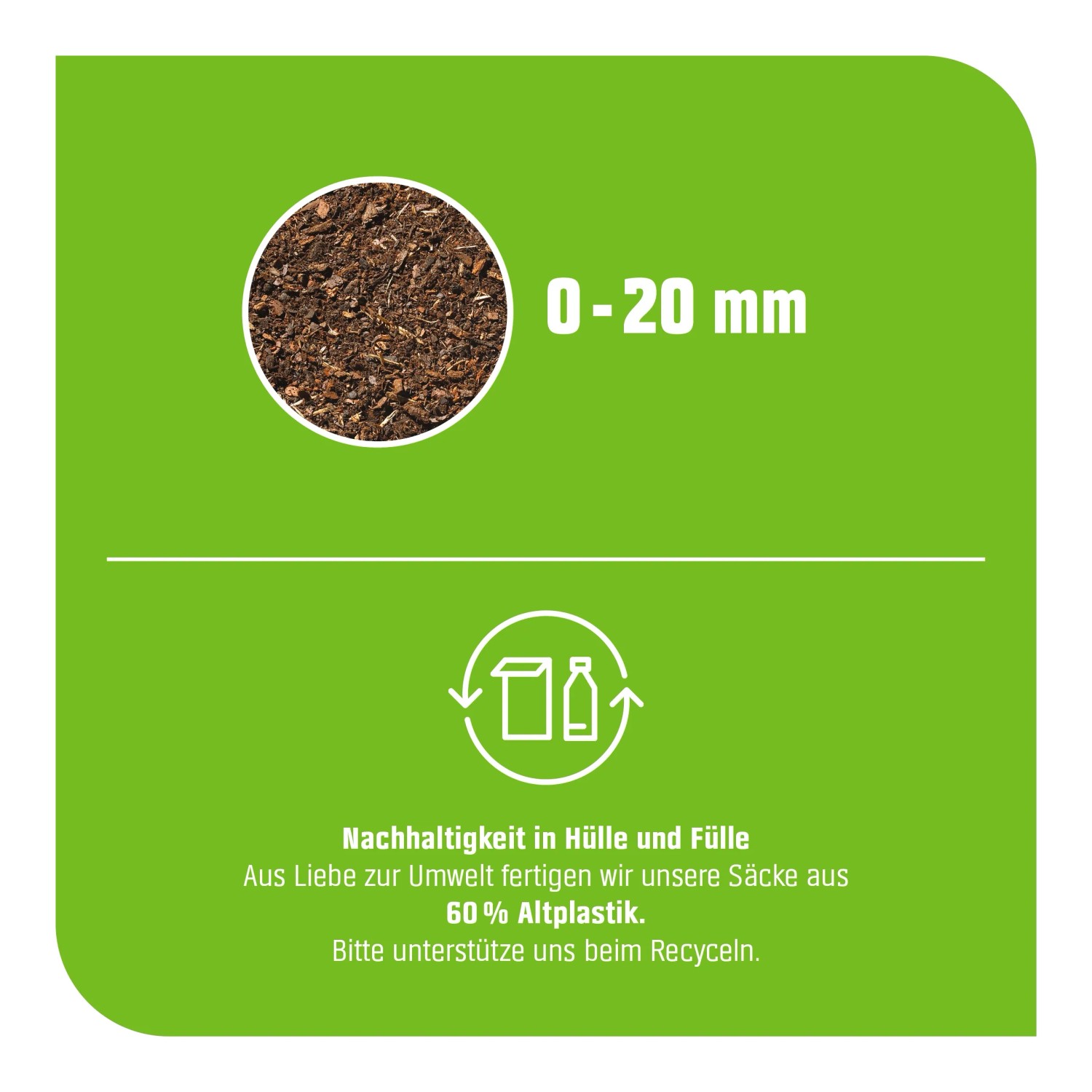Detailaufnahme: Feiner GROW by OBI Rindenmulch (Körnung 0-20mm) aus recyceltem Material.