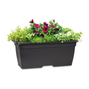 Scheurich Pflanzkasten Nora Long, metallic-grau, bepflanzt mit bunten Blumen und Grünpflanzen.