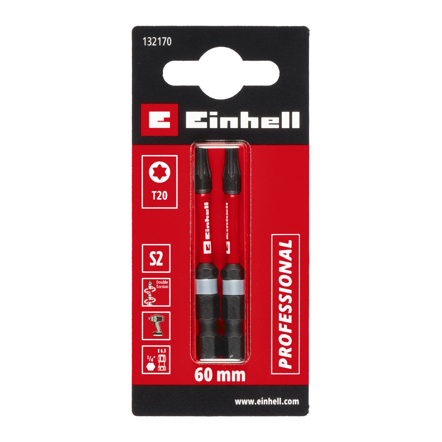 Einhell Impact Bit-Set, 2-teilig, T20, 60 mm, für Schraubendreher und Akkuschrauber.