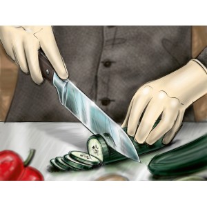 Illustration: Hände schneiden Gurke mit Messer. Geeignet für Haushaltshandschuhe.