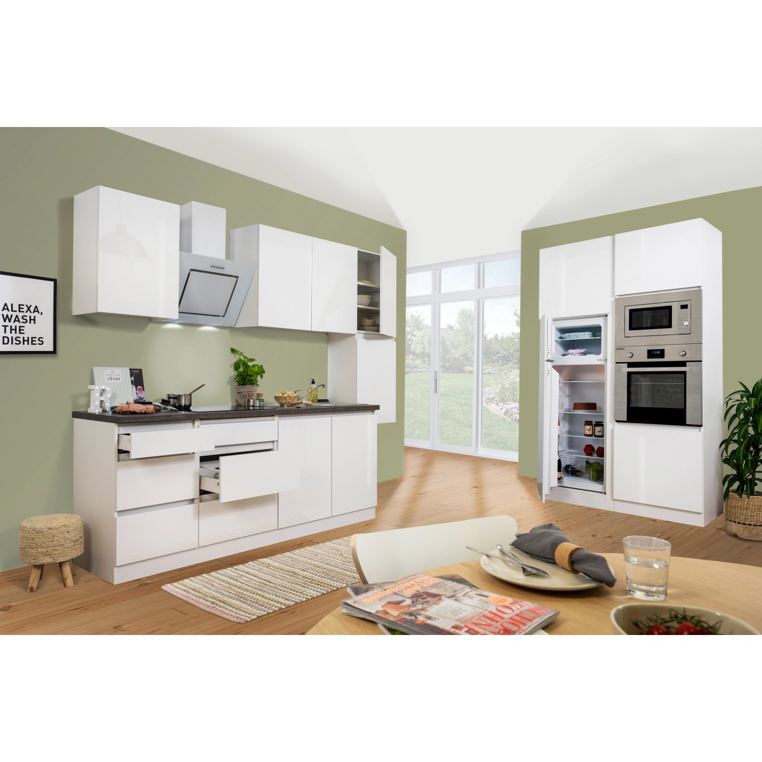 Respekta Premium Küchenzeile, 385 cm, Weiß Hochglanz, mit E-Geräten, grifflos.