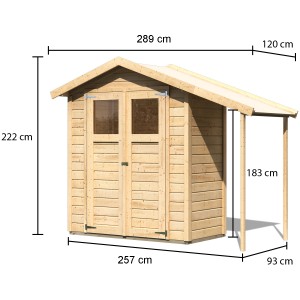 Naturbelassenes Karibu Holz-Gartenhaus Orsa mit Satteldach und Maßangaben.