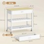 Weißer HOMCOM Küchenwagen mit Naturholz-Arbeitsplatte, Schublade, zwei Regalen und Rollen. Ideal für mobile Küchenaufbewahrung.