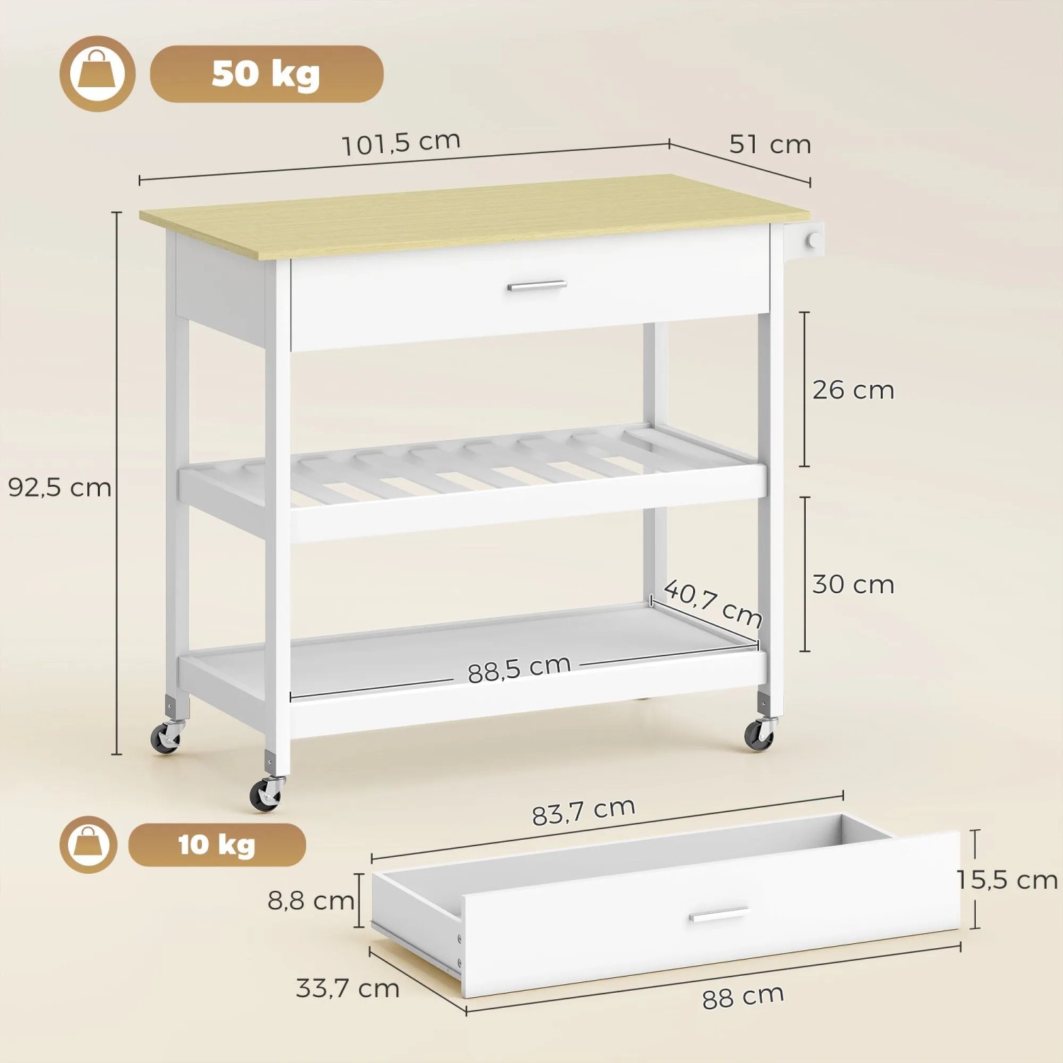 Weißer HOMCOM Küchenwagen mit Naturholz-Arbeitsplatte, Schublade, zwei Regalen und Rollen. Ideal für mobile Küchenaufbewahrung.