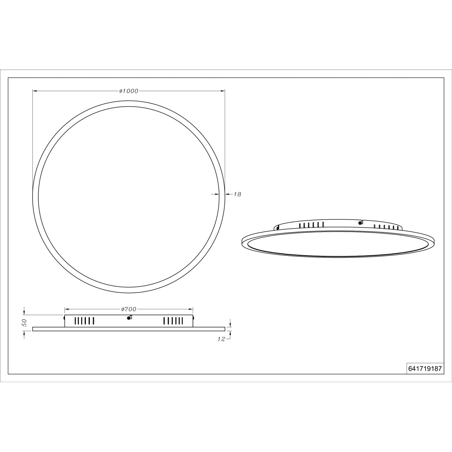 Skizze der runden Trio LED-Deckenleuchte Yuma (Ø 100 cm) in Titan mit Maßangaben.