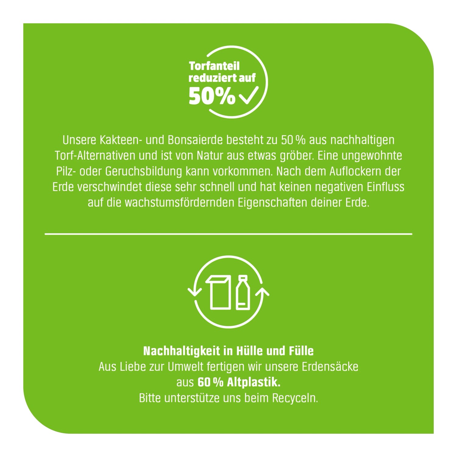 Info-Grafik: GROW by OBI Kakteen- und Bonsaierde mit 50% weniger Torf und 60% Recycling-Kunststoff.