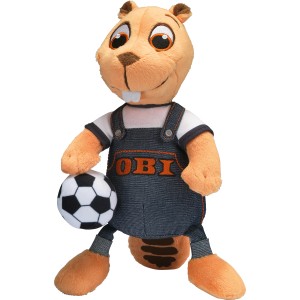 OBI Biber Plüschtier mit Fußball im Jeans-Look, ideales Geschenk für kleine Fußballfans.