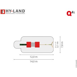 Draufsicht Hy-Land Spielgerät Q4S mit Rutsche und Doppelschaukel, Maße 12x14m.