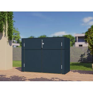 Anthrazitfarbener Bertilo Gartenschrank HPL Sideboard (155x75x116cm) im Außenbereich.