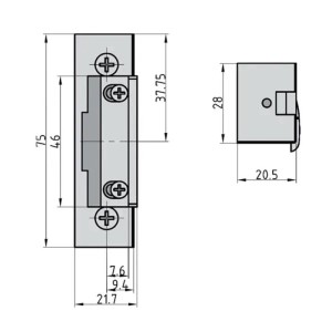 Basi ElektroTüröffner ET 90: Technische Zeichnung mit Maßen. Symmetrisch, mechanische Entriegelung, 6-12V.