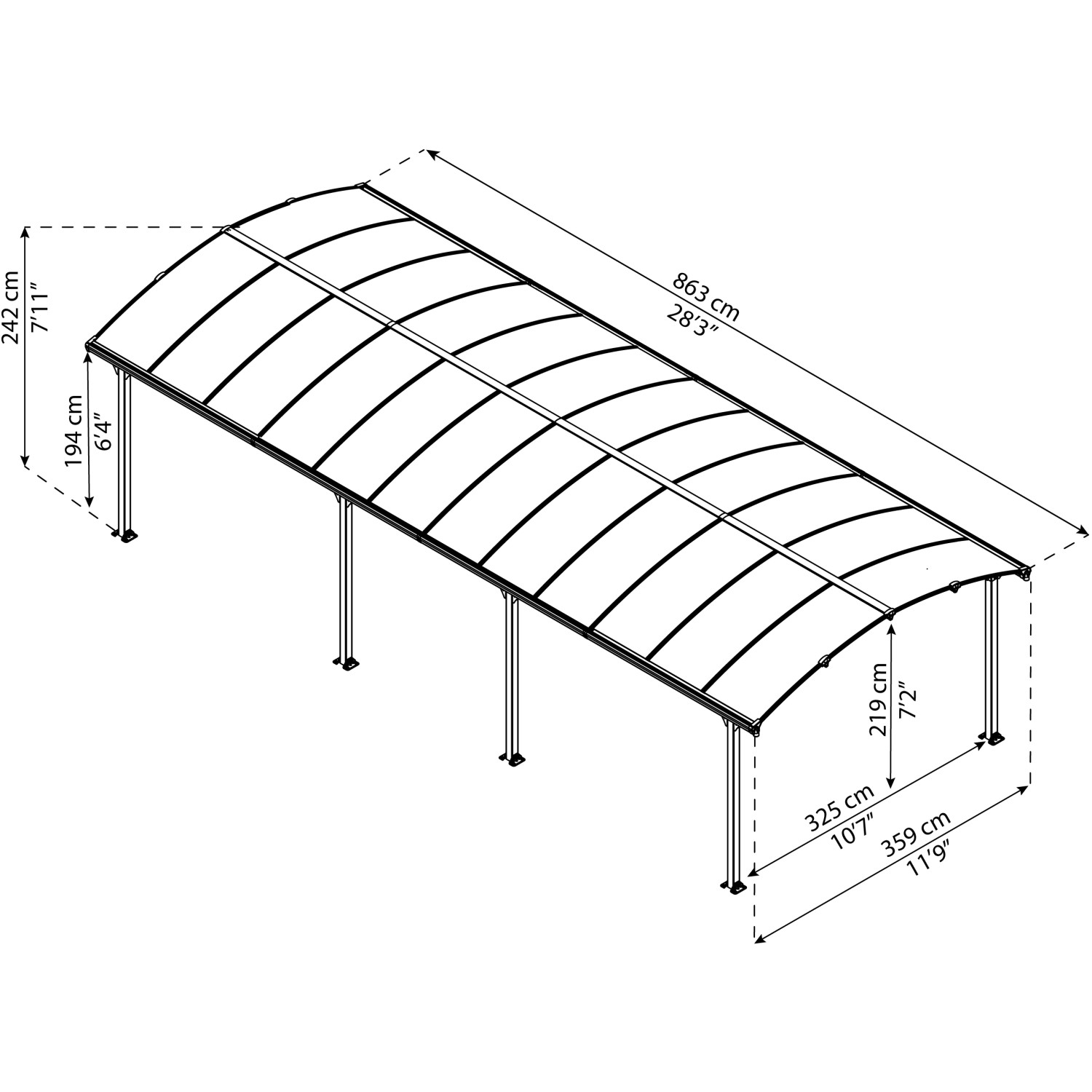 Canopia Carport Arcadia 8500, anthrazit, 360x860cm, mit Maßangaben in cm und inch.