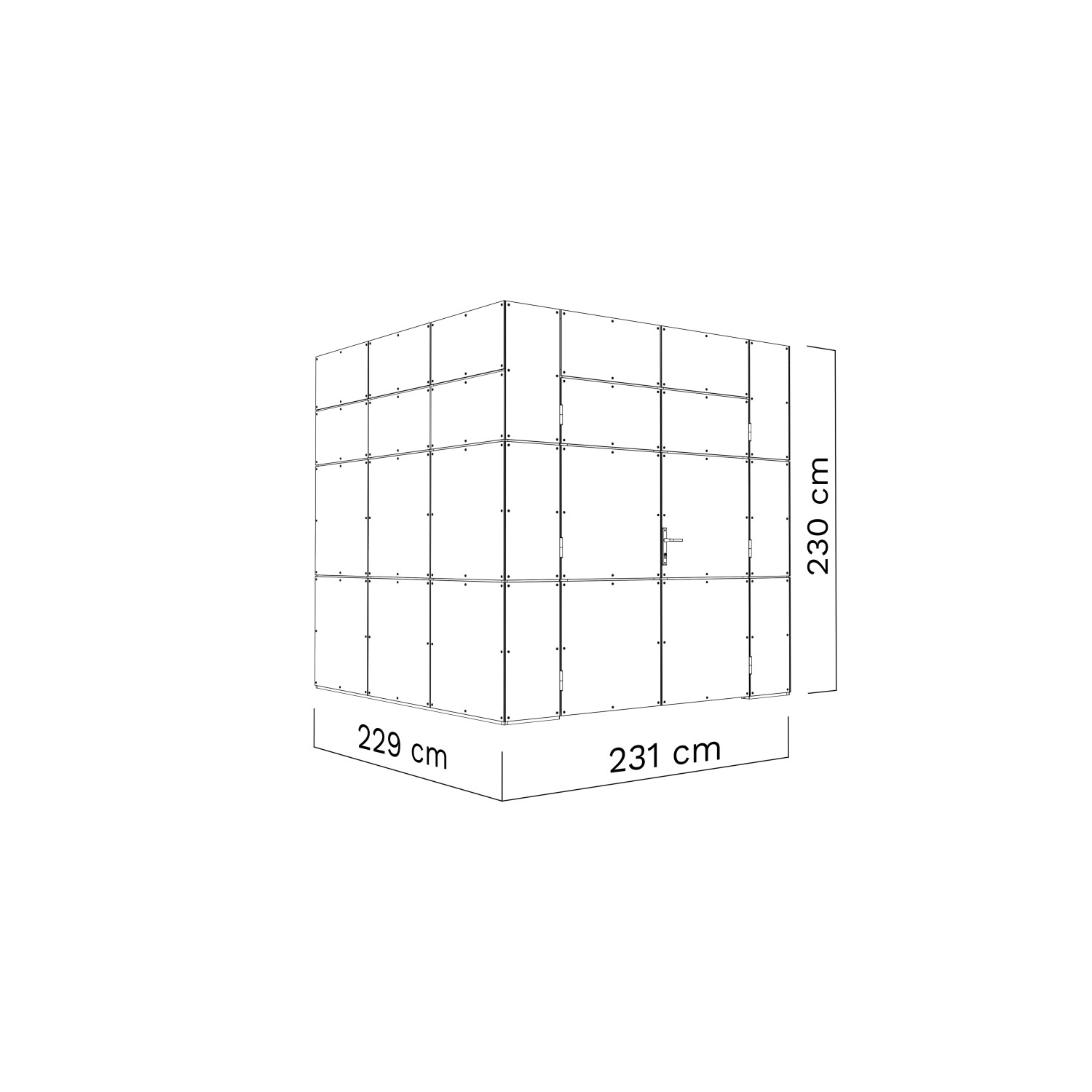 Skizze des Bertilo Gartenhauses HPL 1 Italian Walnut, 231x229 cm, mit Maßangaben.