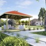 Weka Pavillon Gartenoase 651 A mit rotem Dach und Gartenmöbeln im Grünen.