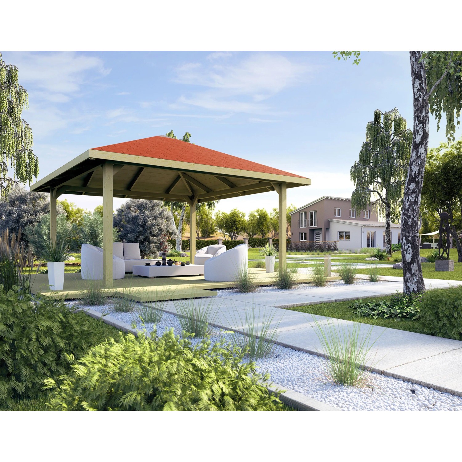 Weka Pavillon Gartenoase 651 A mit rotem Dach und Gartenmöbeln im Grünen.