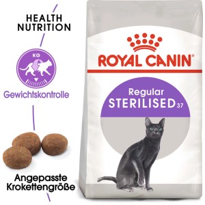 Royal Canin Sterilised Katzenfutter, 2kg Packung für kastrierte Katzen zur Gewichtskontrolle.