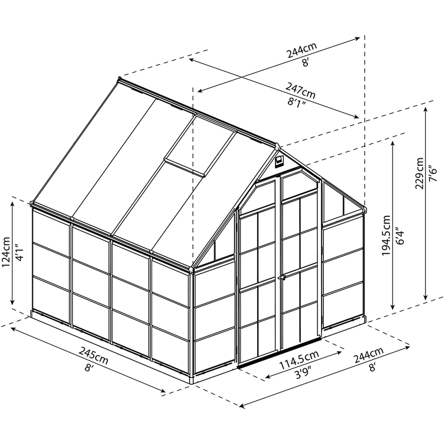 Skizze des Palram Canopia Balance 8x8 Gewächshauses in Grün mit Maßangaben.