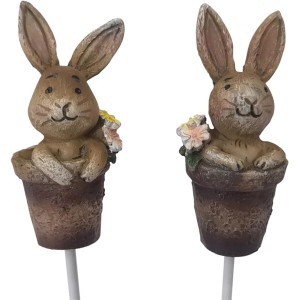 Boltze Topfstecker Charmy, 2er-Set, braune Osterdeko mit Hasen in Töpfen.