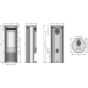 Technische Zeichnung des Justus Usedom 5 Kaminofens mit Maßen.