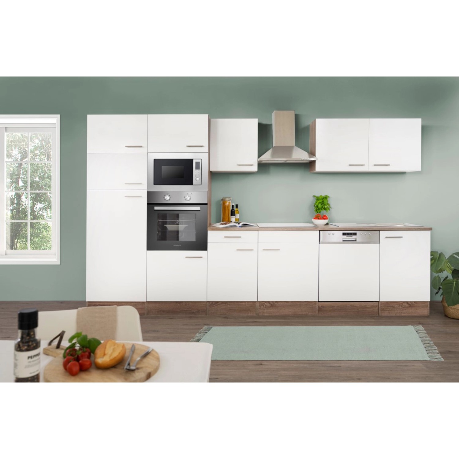 Respekta Küchenzeile KB340EYWMIGKE, 340 cm, Weiß Seidenglanz/Eiche York Nachbildung, mit E-Geräten.