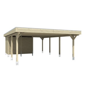 Skan Holz Doppelcarport Spessart mit Abstellraum, Holzkonstruktion mit flachem Dach.