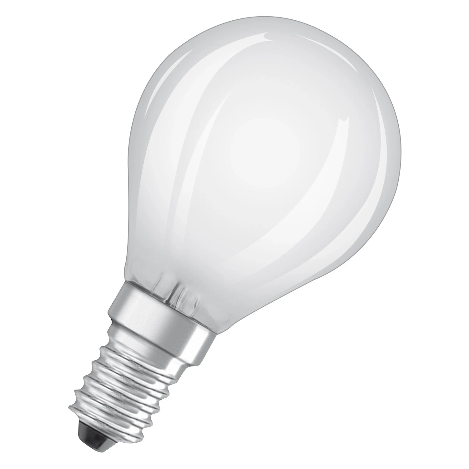 Osram E14 LED-Leuchtmittel Tropfenform, 4W, 2er Set. Weißes Glas, silberner Sockel.