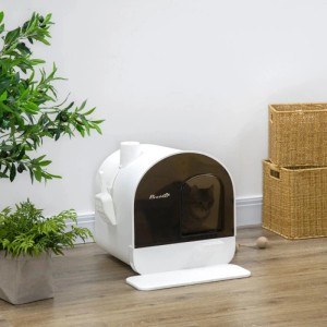 Moderne PawHut Katzentoilette mit Haube in Weiß-Dunkelbraun, Kunststoff, inklusive Schaufel und Matte.