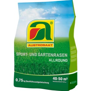 Packung Austrosaat Sport- und Gartenrasen, 0,75 kg, für strapazierfähigen Rasen.
