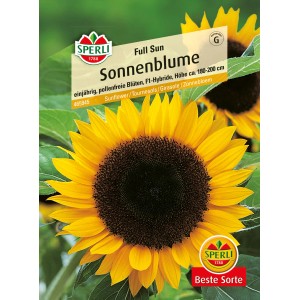 Samenpackung Sperli Sonnenblume Full Sun Gelb mit gelber Blüte und dunkler Mitte.