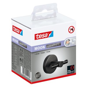 Tesa Moon Bademantelhaken in Graphit, verpackt. Badhelfer zur Wandmontage ohne Bohren.