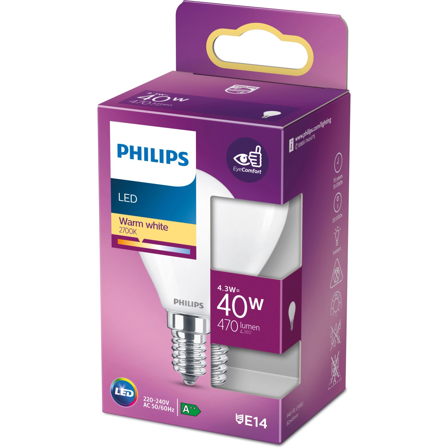 Philips LED-Lampe E14 Tropfenform, 4,3W, 470lm im Karton. Warmweißes Licht für Wohnräume.