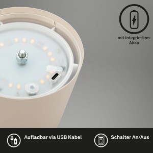 Detailaufnahme der beigen Brilo Akku Tischleuchte Kiki mit USB-C Anschluss und integriertem Akku.