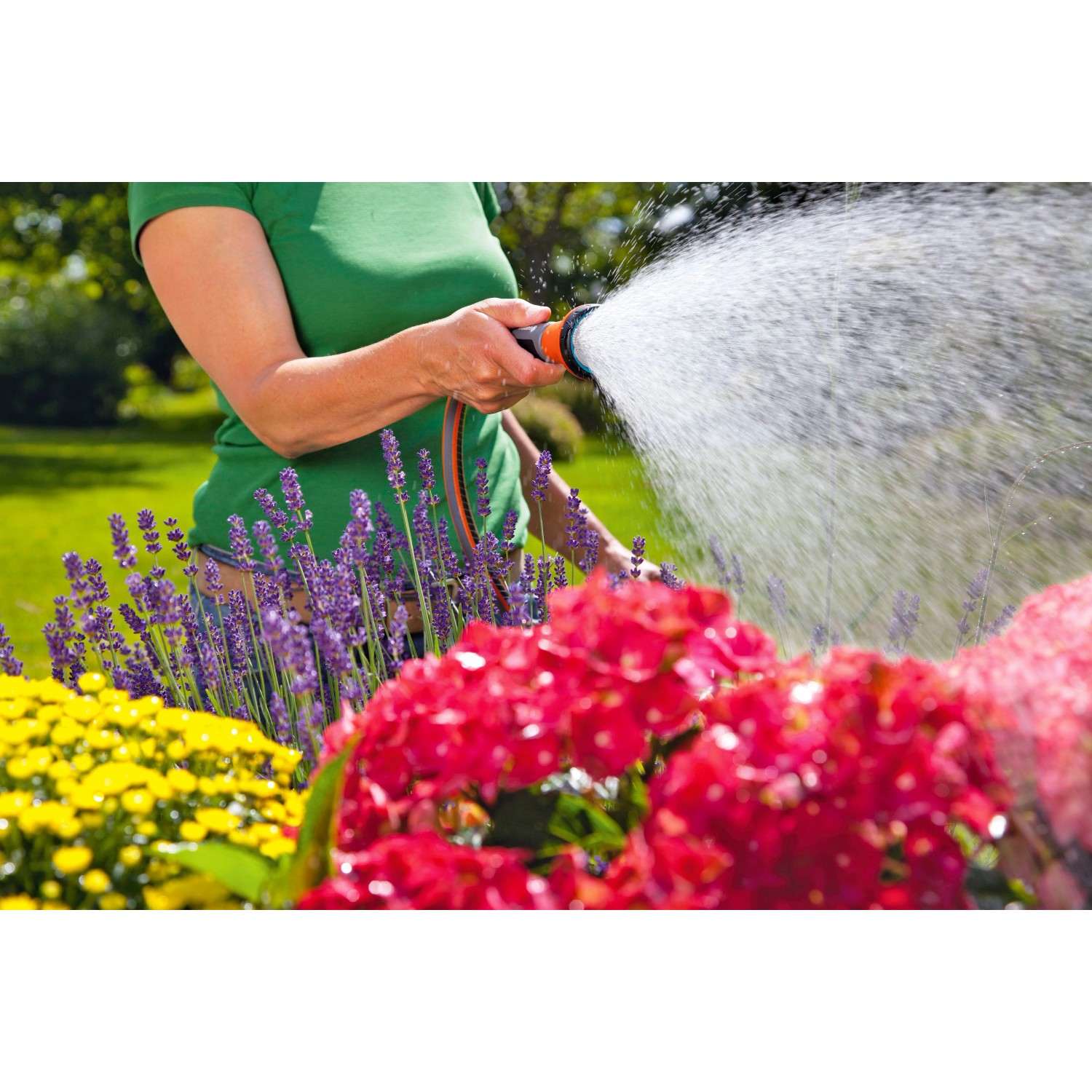 Frau bewässert Blumen mit Gardena Bewässerungsbrause. Gartenspritze im Einsatz.