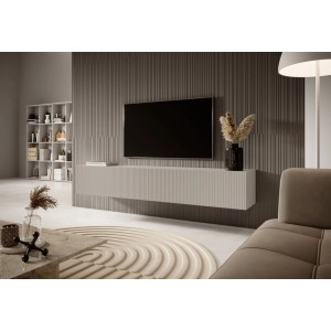 Selsey TV-Hängeboard Veldio, 175 cm, greige mit Lamellenfront, schwebend im modernen Wohnzimmer.