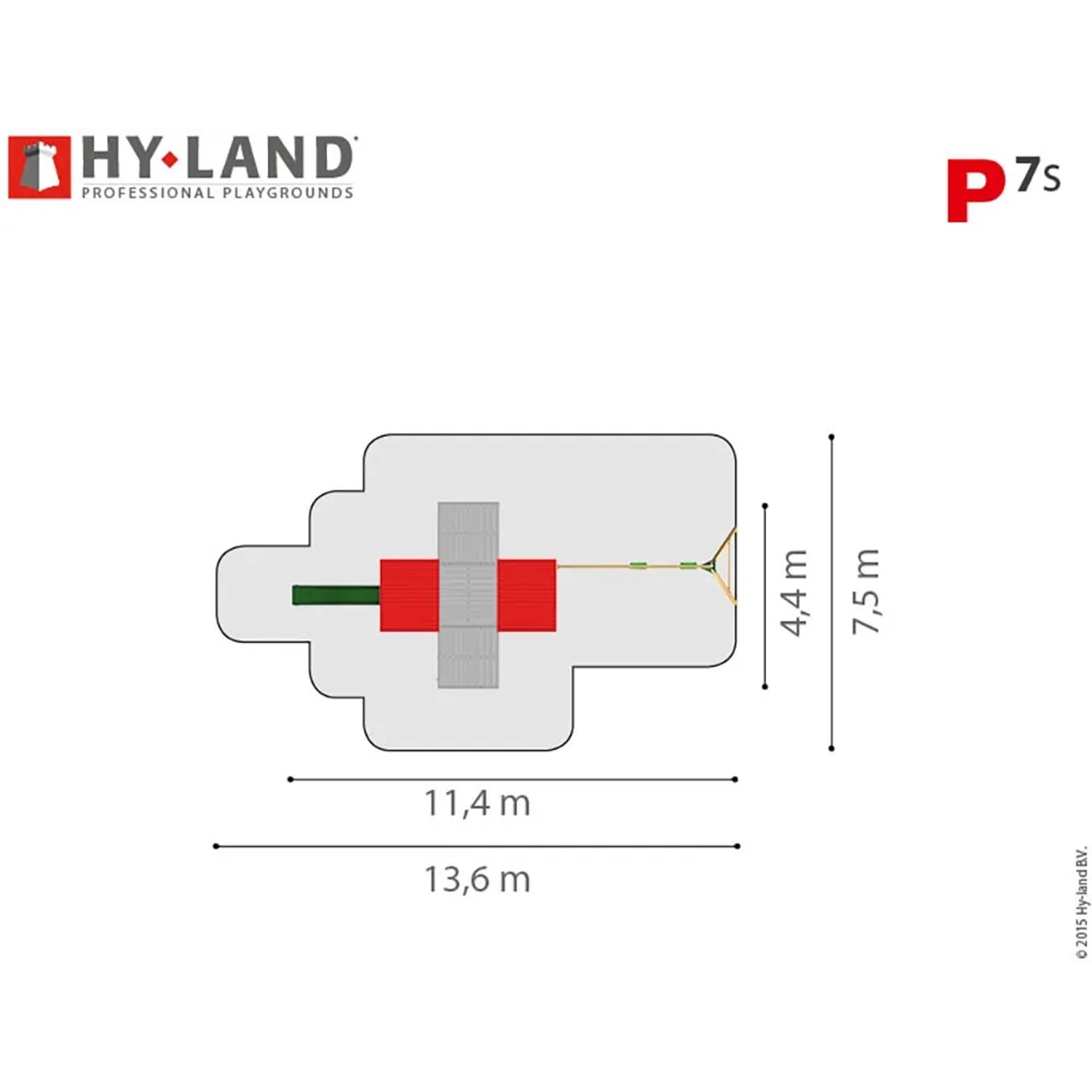 Draufsicht Hy-Land Spielgerät P7S mit Maßen, Spielturm mit Rutsche und Schaukelanbau.