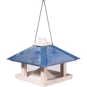Maritimes Vogelhaus zum Aufhängen, blaues Dach, Kiefernholz, 29x29x25 cm. Ideal für Vogelfutter.