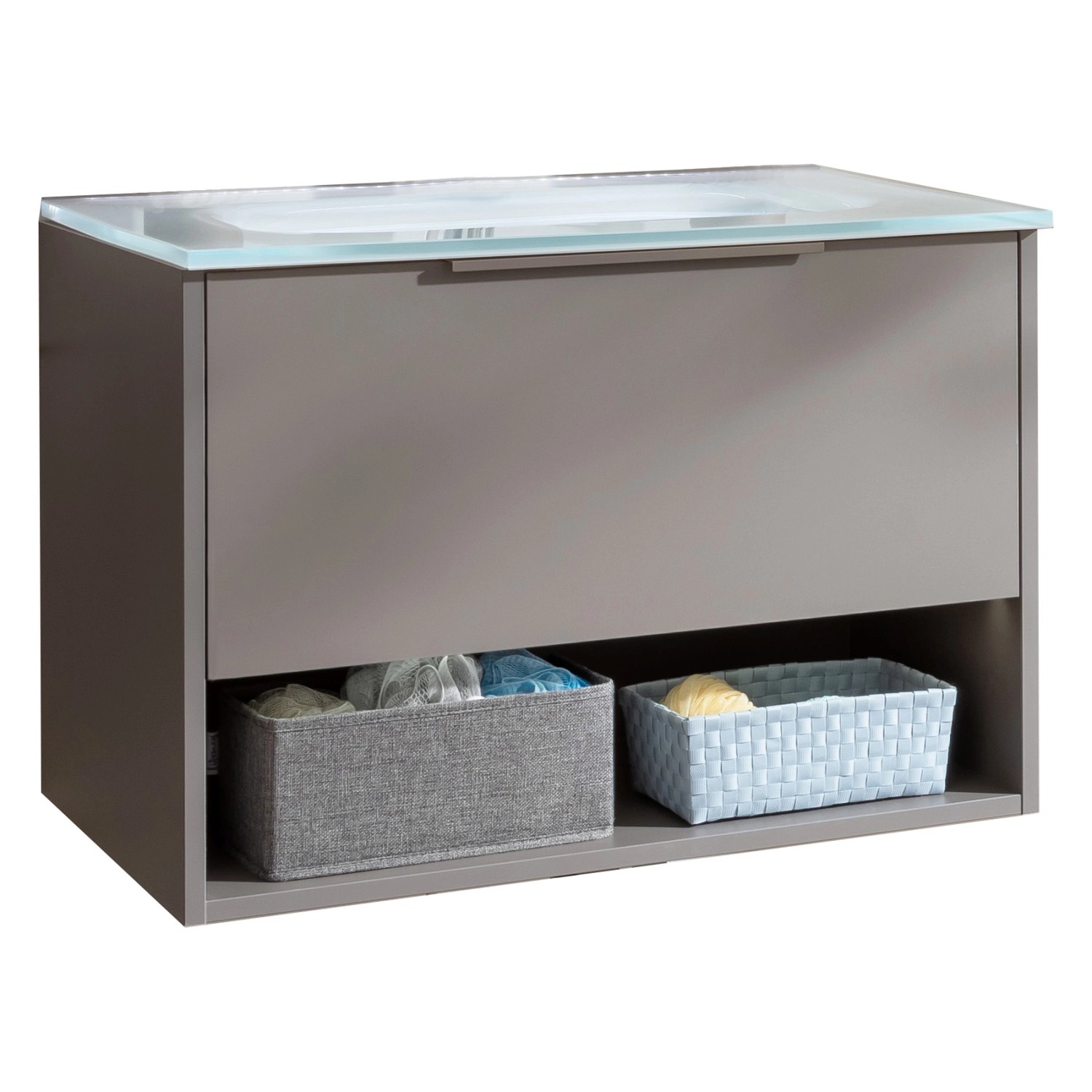 Fackelmann Waschtisch-Set B.Paris mit Glasbecken, 70,5 cm, Cubanit Grau. Badmöbel-Set mit Unterschrank und Ablage.