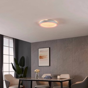 Weiße LED-Deckenleuchte Montemorelos-Z von Eglo Connect mit Farbwechsel im Wohnraum.