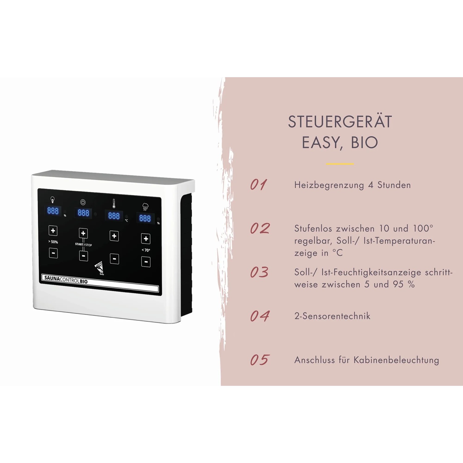 Steuergerät Easy Bio für Karibu Fasssauna Quadro 1, Detailansicht der Bedienelemente.