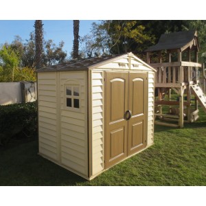 Duramax Kunststoff-Gartenhaus StoreAll in Beige, 3,9 m², mit Doppeltür und Fenster.