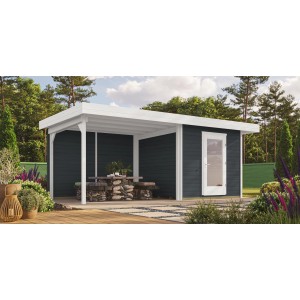Lasiertes OBI Holz-Gartenhaus Florenz mit Flachdach und überdachter Außenfläche.