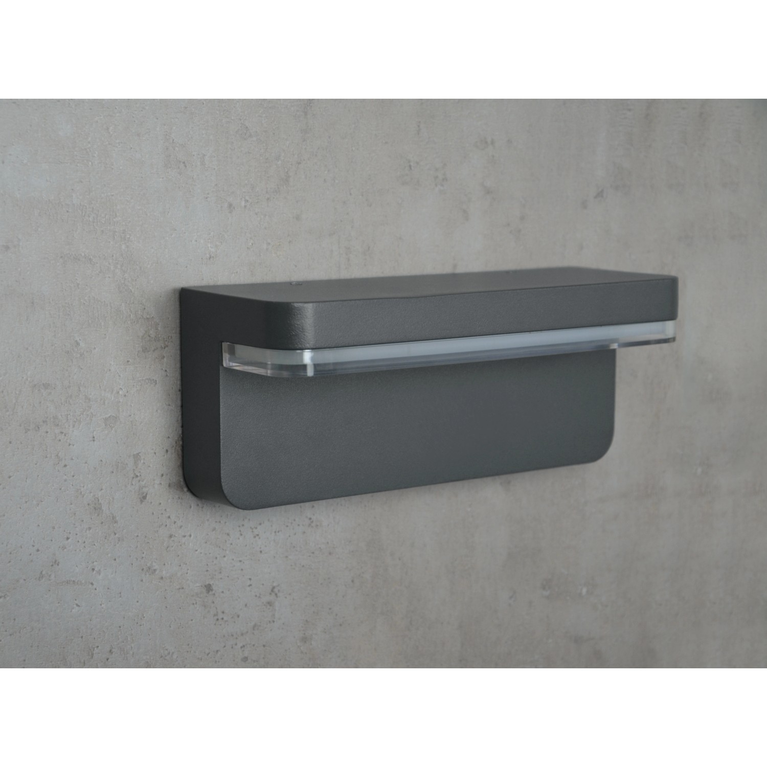 Moderne, anthrazitfarbene E2 Elektro LED-Wandleuchte RIDOS für den Außenbereich.