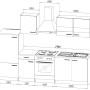 Skizze der weißen Respekta Küchenzeile KB270WW (270 cm) mit Elektrogeräten und Arbeitsplatte in Nussbaumoptik.